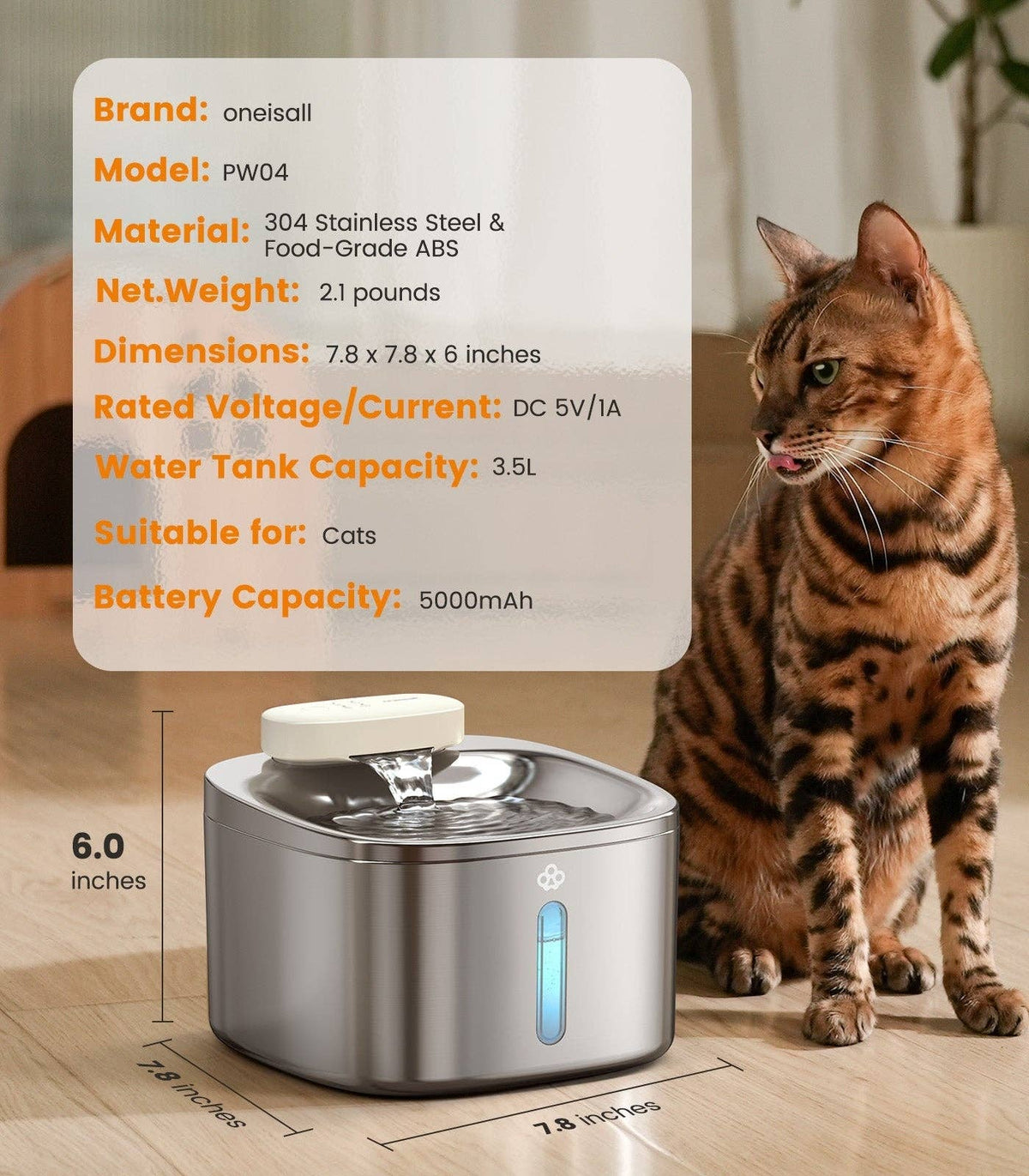 Oneisall 7L Pet Water Fountain with Visual Water Level